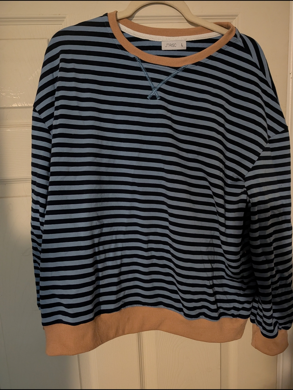 Amazon Light Blue and Black Striped Long Sleeve Tee with Tan Trim
